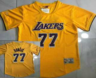 Mens Los Angeles Lakers #77 Luka Doncic Yellow Short Sleeved AU Throwback Jersey->->NBA Jersey